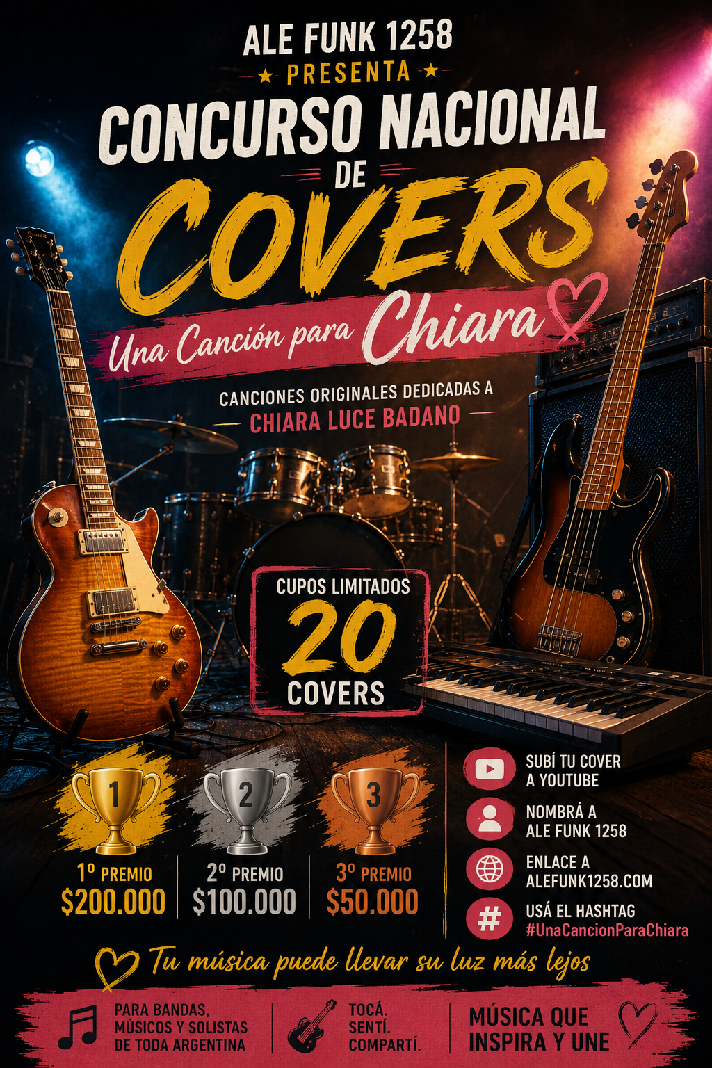 Afiche del Concurso Nacional de Covers Una Canción para Chiara, con guitarra, bajo, batería y teclado
