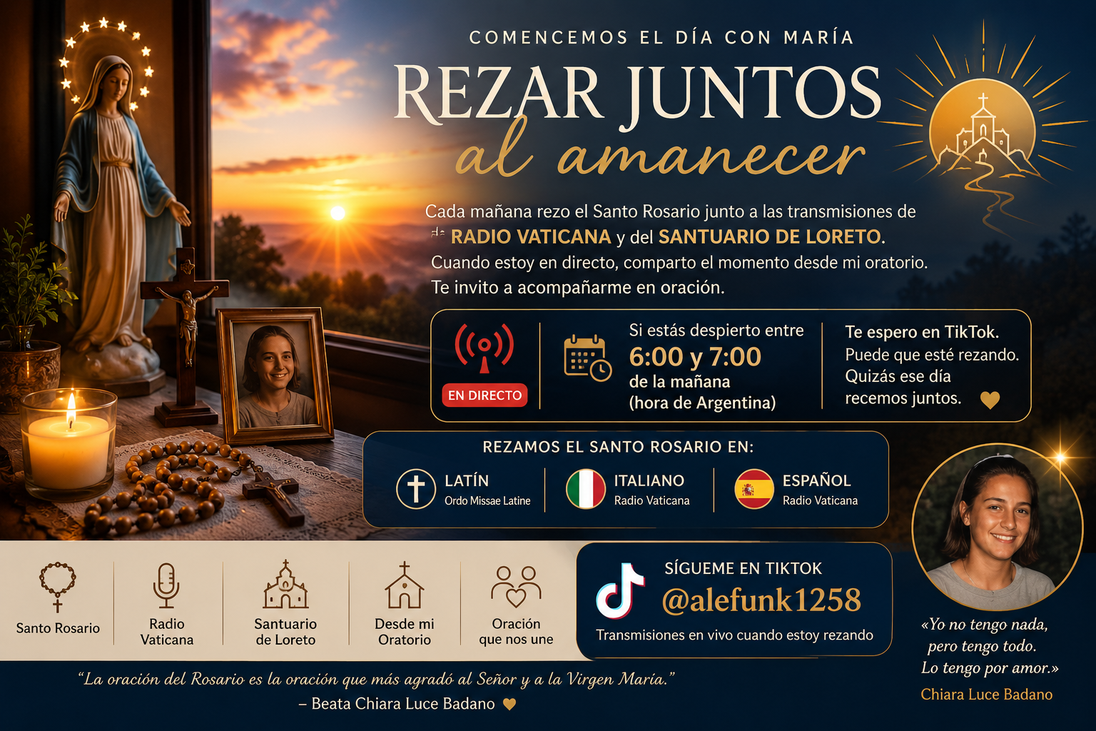 Invitación a rezar juntos al amanecer desde el Oratorio Chiara Luce Badano